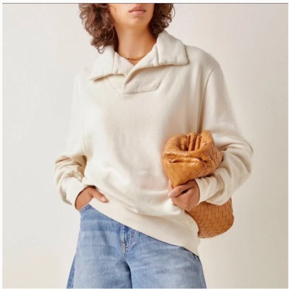 LES TIEN Yacht Fleece Pullover Sweatshirt in Ivory White XS